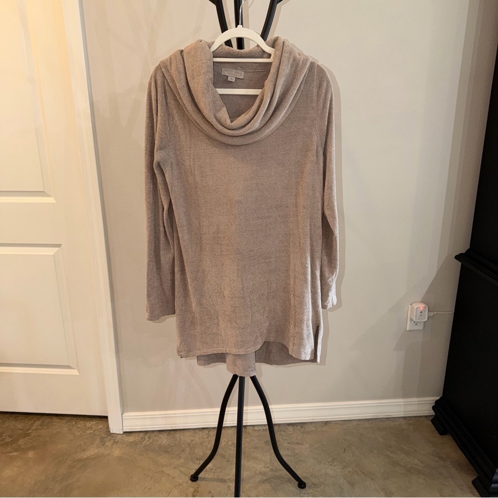 Barefoot Dreams CozyChic Cowl Neck Tunic Sweater Beige Soft Lounge Top L